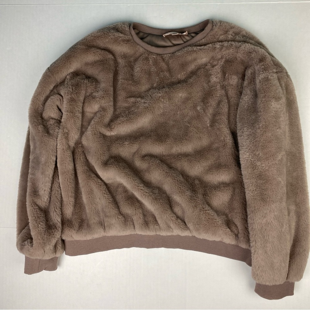 Philosophy Women Large Shirt Sweatshirt Faux Fur Tan Brown Pullover Winter Warm